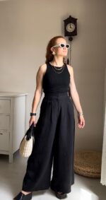 Siyah Keten Pantolon Beli Çift Düğmeli